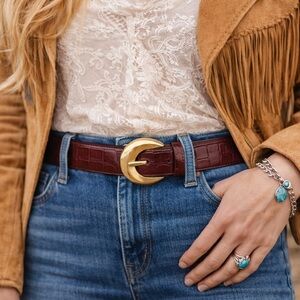 Vtg Burgundy Leather Belt Alligator Solid Brass Buckle Western Equestrian Boho L